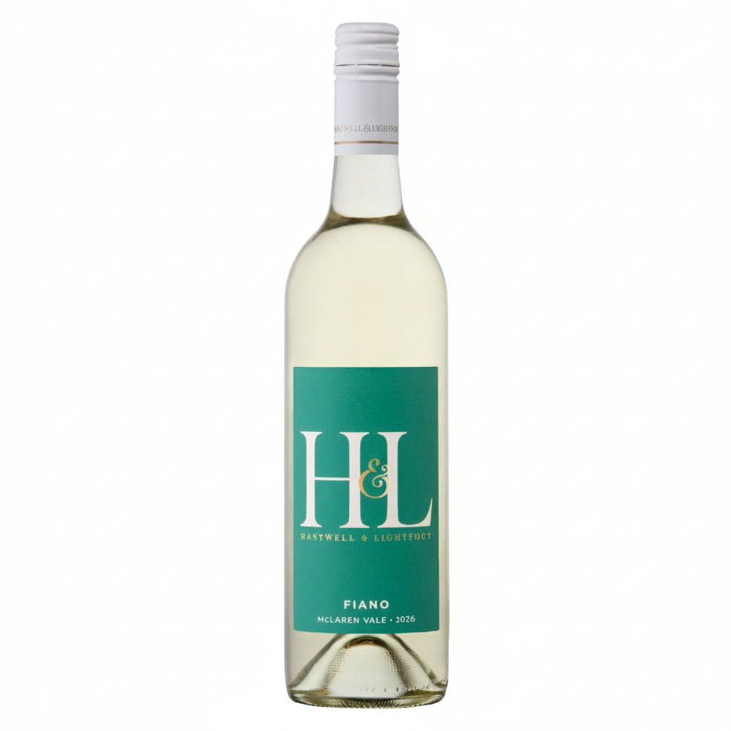 A bottle of Fiano wine from Hastwell & Lightfoot with a green label, displaying the brand and the name of the wine.
